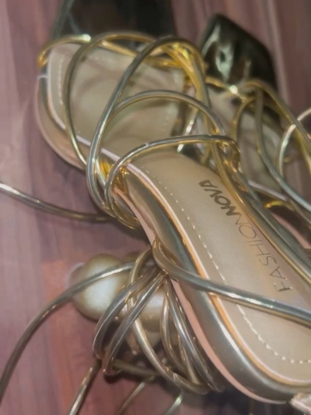 Fashion Nova Gold Metallic Strappy Heeled Sandals